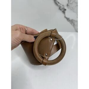 Genuine waxed saddle leather Wide belt Wood buckle Light Camel brown VTG